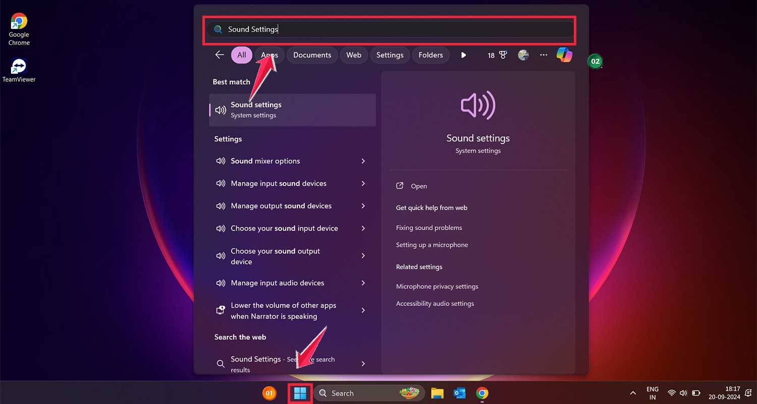 click on menu icon then search sound settings