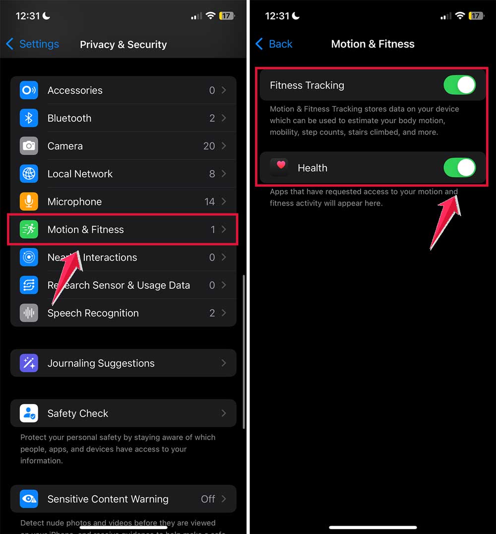 click on motion & fitness then turn on both settings fitness tracking and health