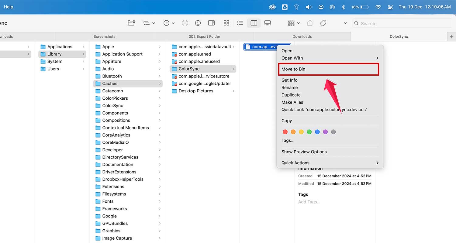 click on move to bin in librarry cache folder in mac
