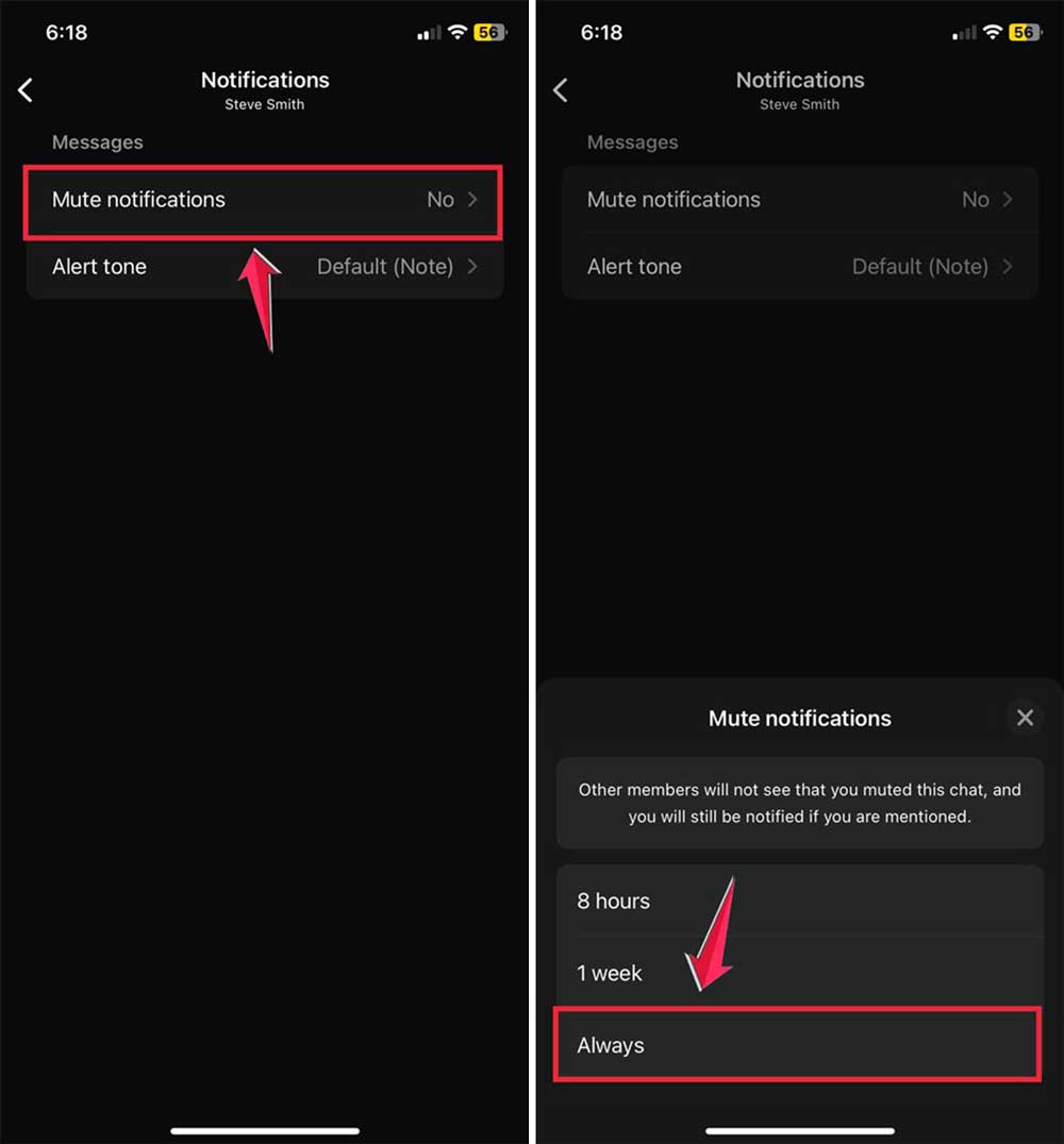 click on mute notifications then tap on always