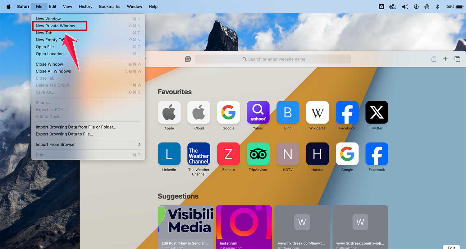 click on new private windows in safari in mac