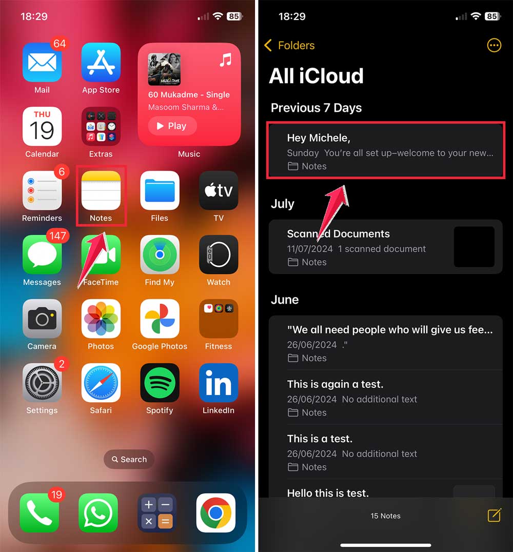 click on notes apps then tap on notes