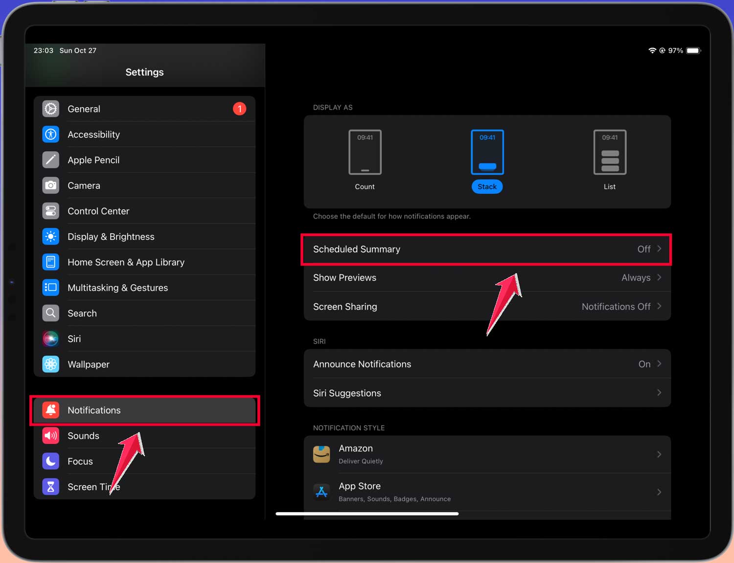 click on notifications then tap on scheduled summary