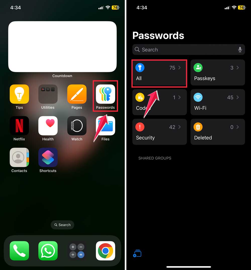 click on passwords app then click on all