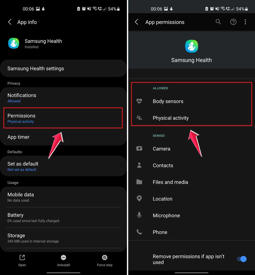 click on permissions and then review permissions for sensors in health app in android