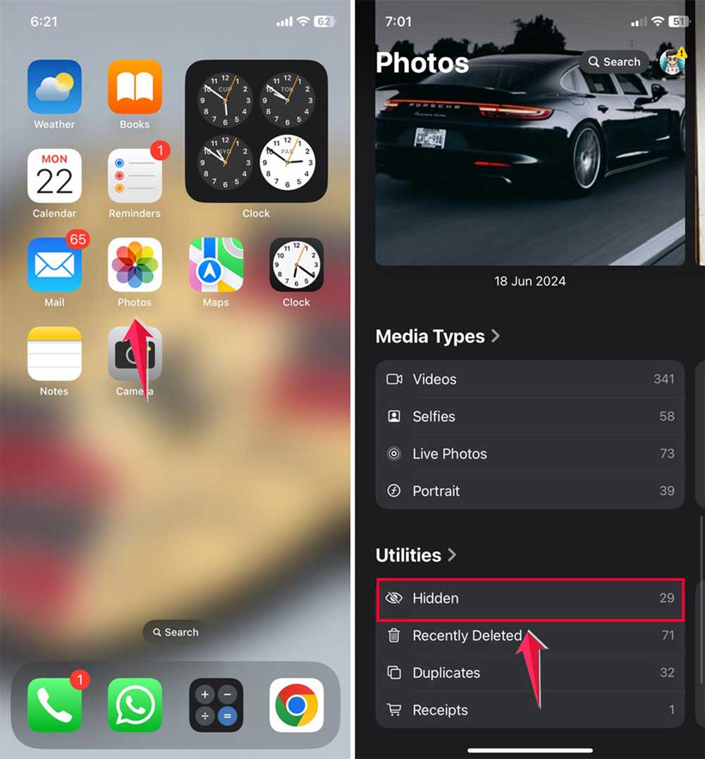 click on photo then tap on hidden
