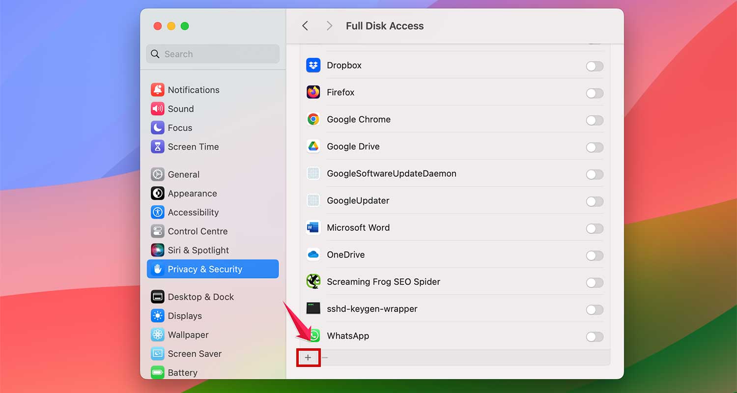 click on plus button in full disk access in mac xl click on plus button in full disk access in mac xl