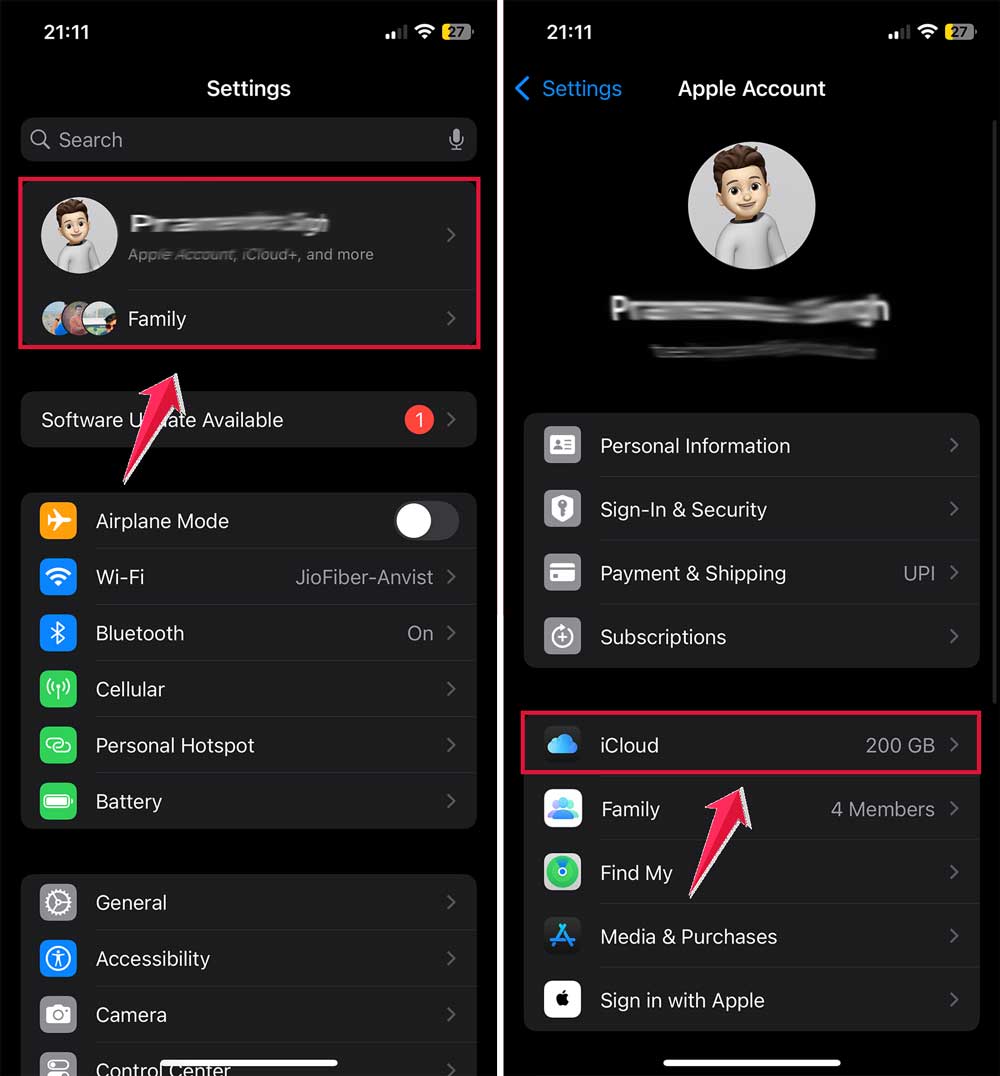 click on profile name then tap on icloud xl