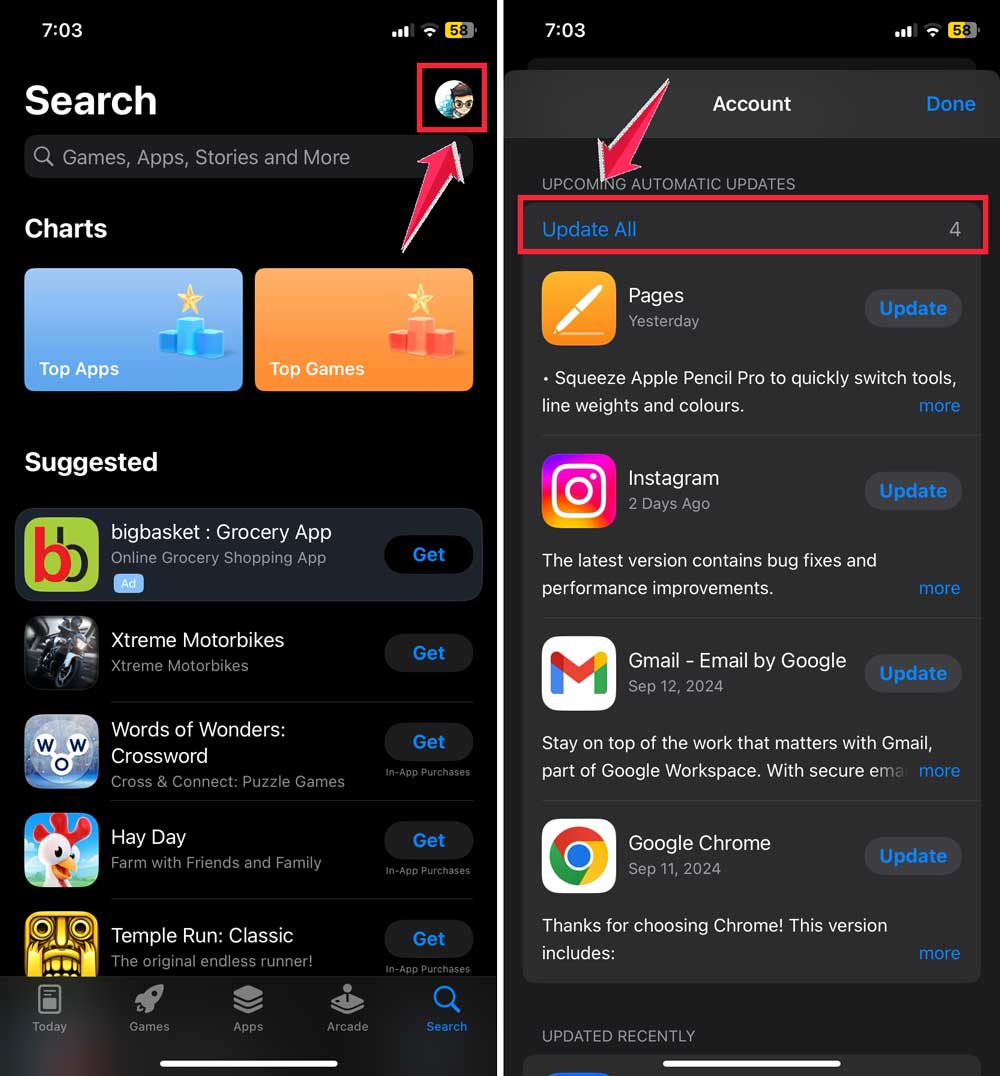 click on profile then click on update all app store click on profile then click on update all app store
