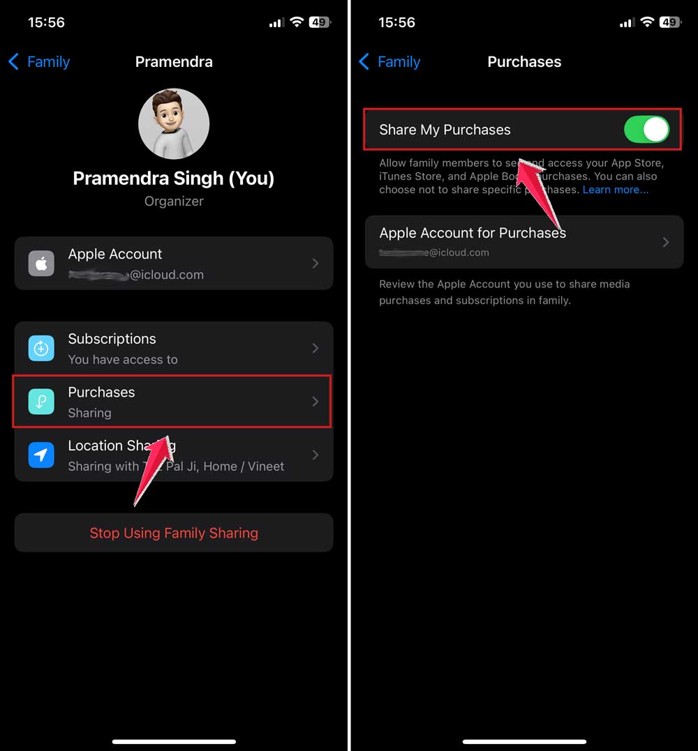 click on purchases and turn off share my purchases in settings in iphone