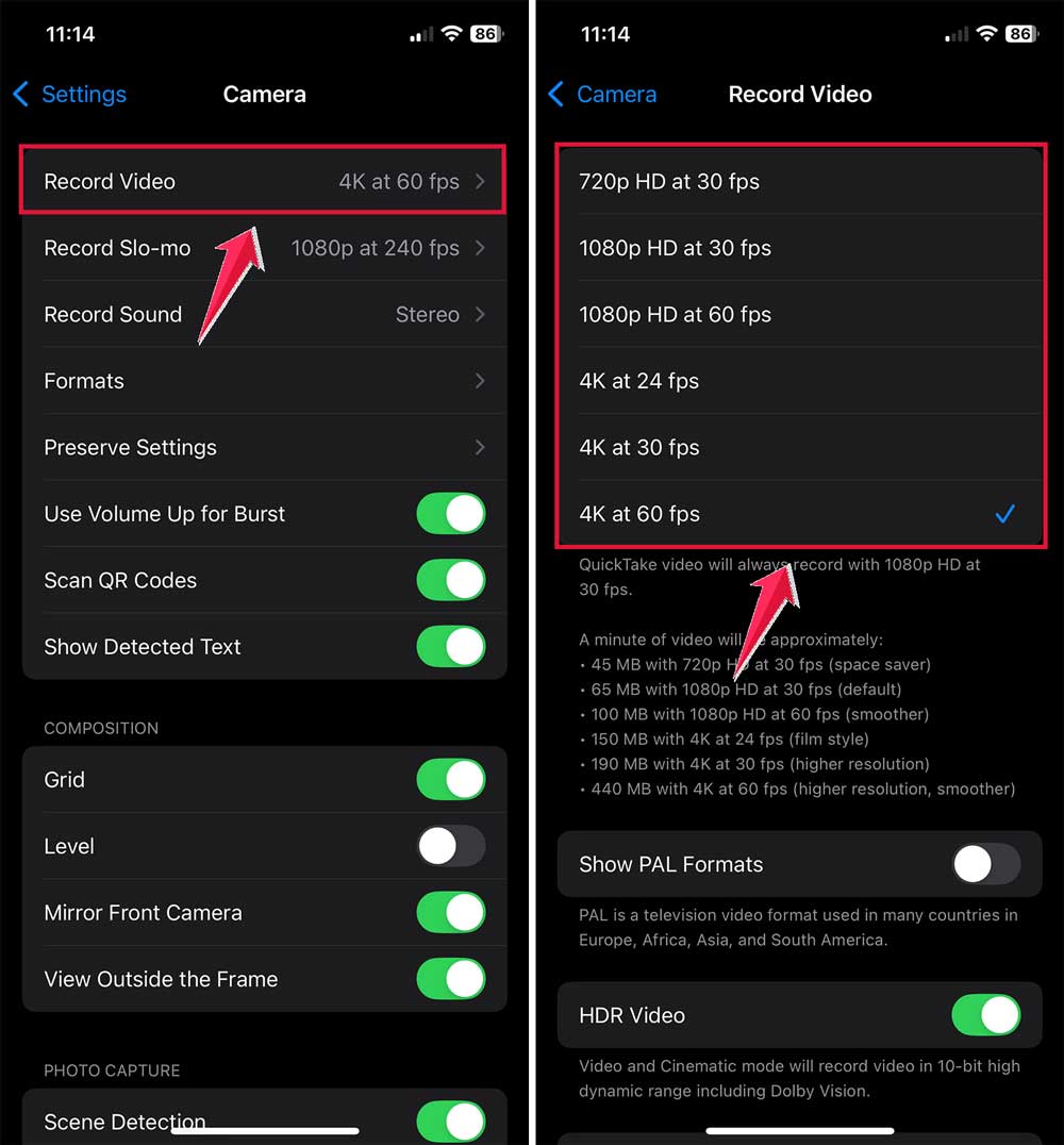 click on record video then choose 4k at 60 fps