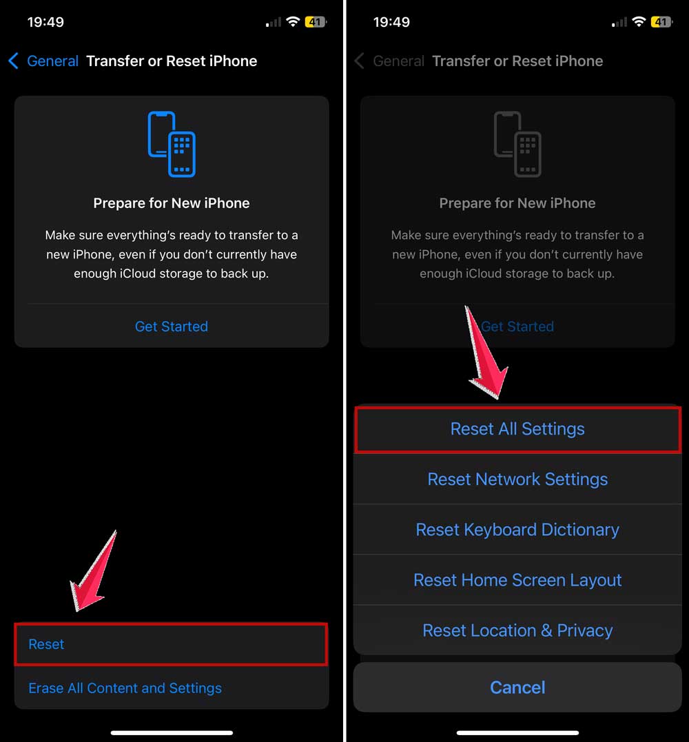 click on reset and then reset all settings in iphone