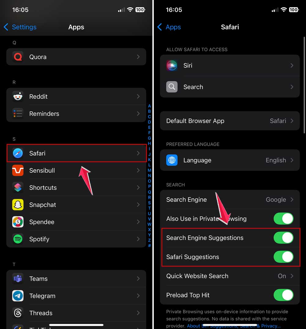 click on safari and then turn off safari suggestions in settings in iphone click on safari and then turn off safari suggestions in settings in iphone