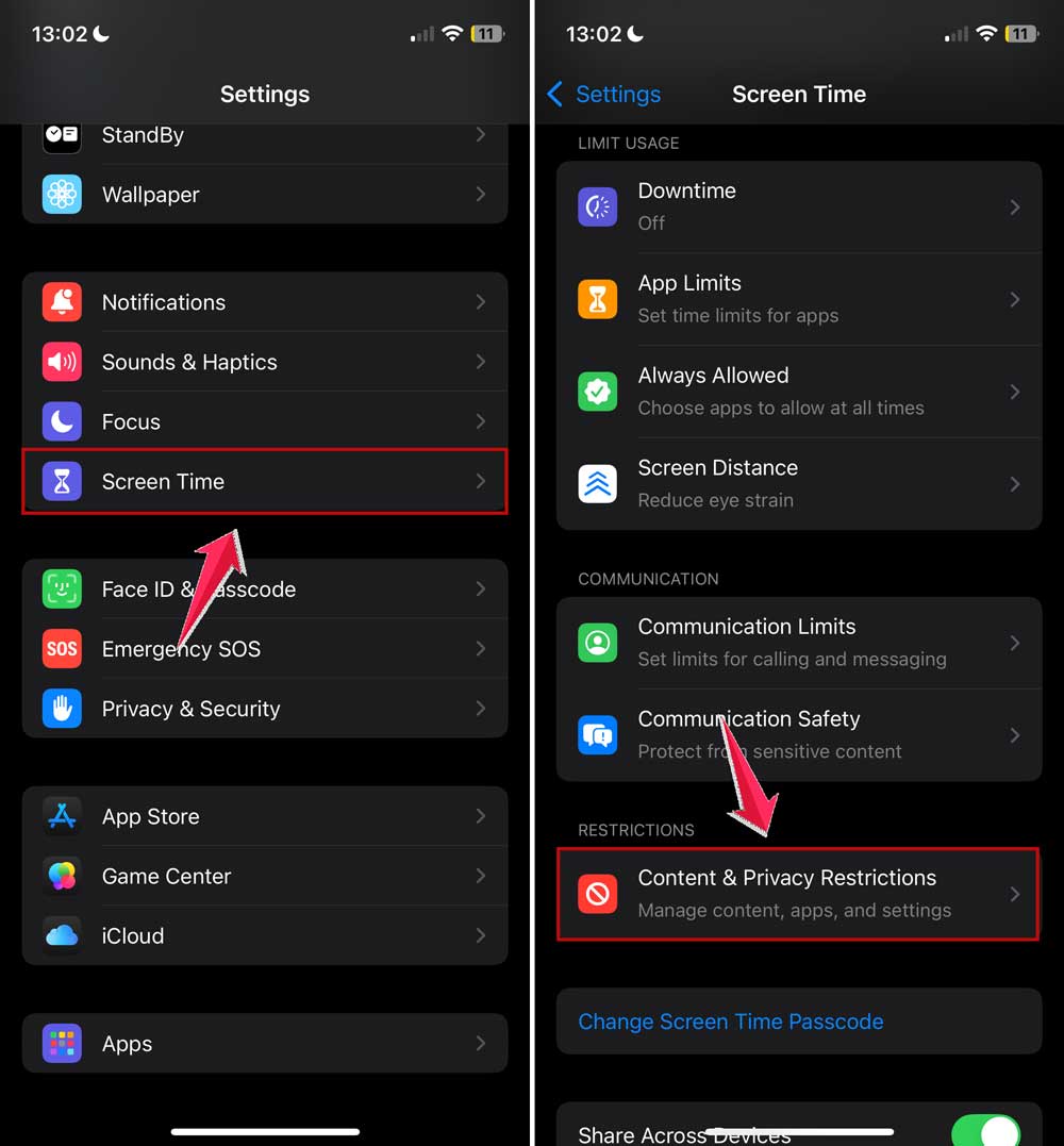 click on screen time and then click content privacy and restrictions in settings in iphone