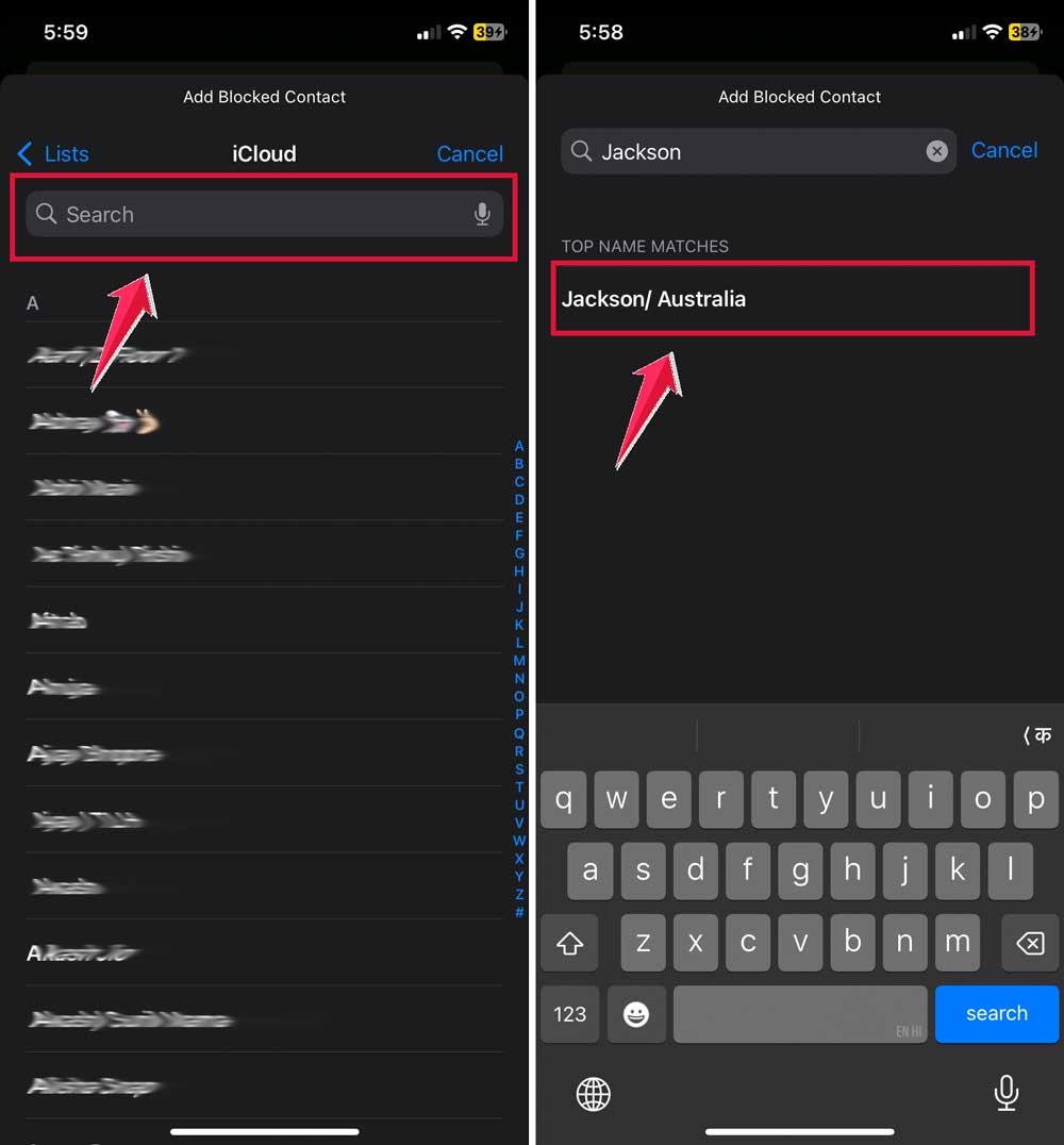 click on search button then click on contact you want to block