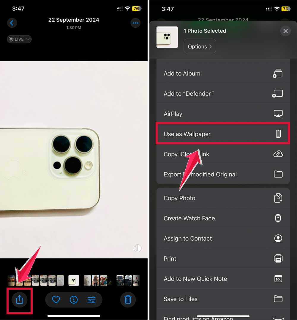 click on share button then tap on use as wallpaper