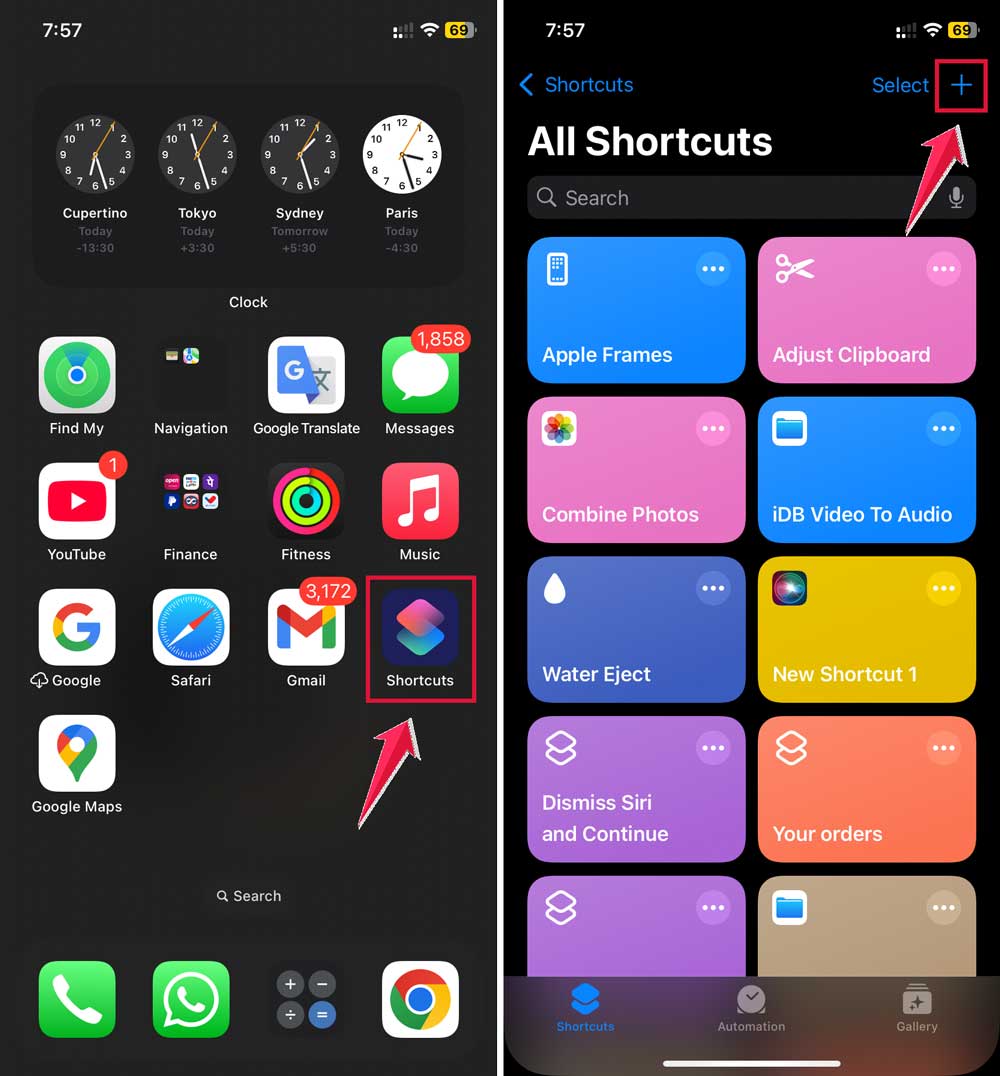 click on shortcuts then tap on plus button shortcuts