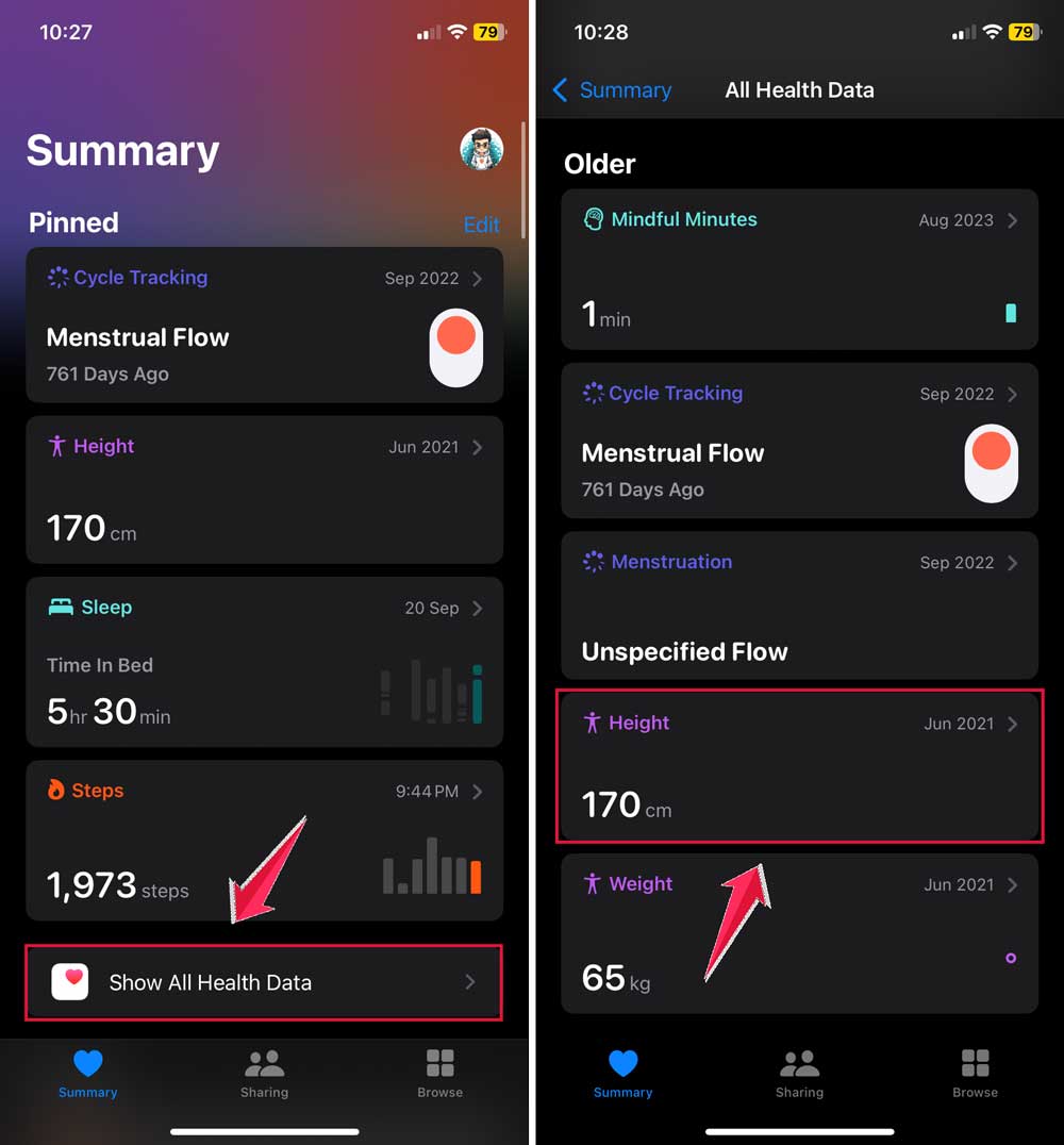 click on show all health data then click on height