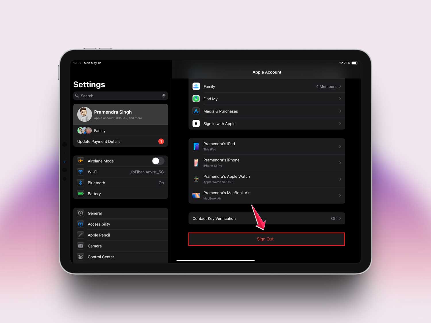 click on sign out in apple id in settings in ipad