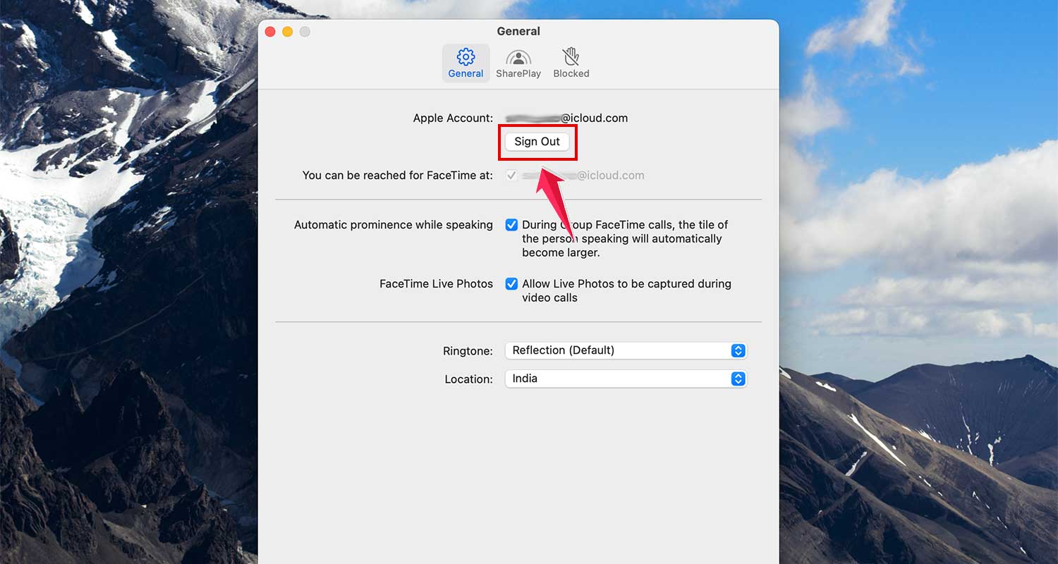 click on sign out in facetime settings in mac