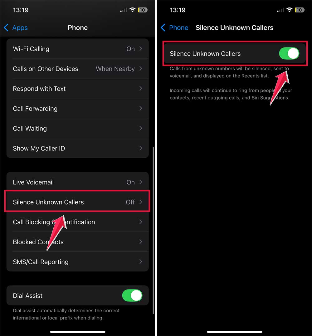 click on silence unknown callers turn on silence unknown callers