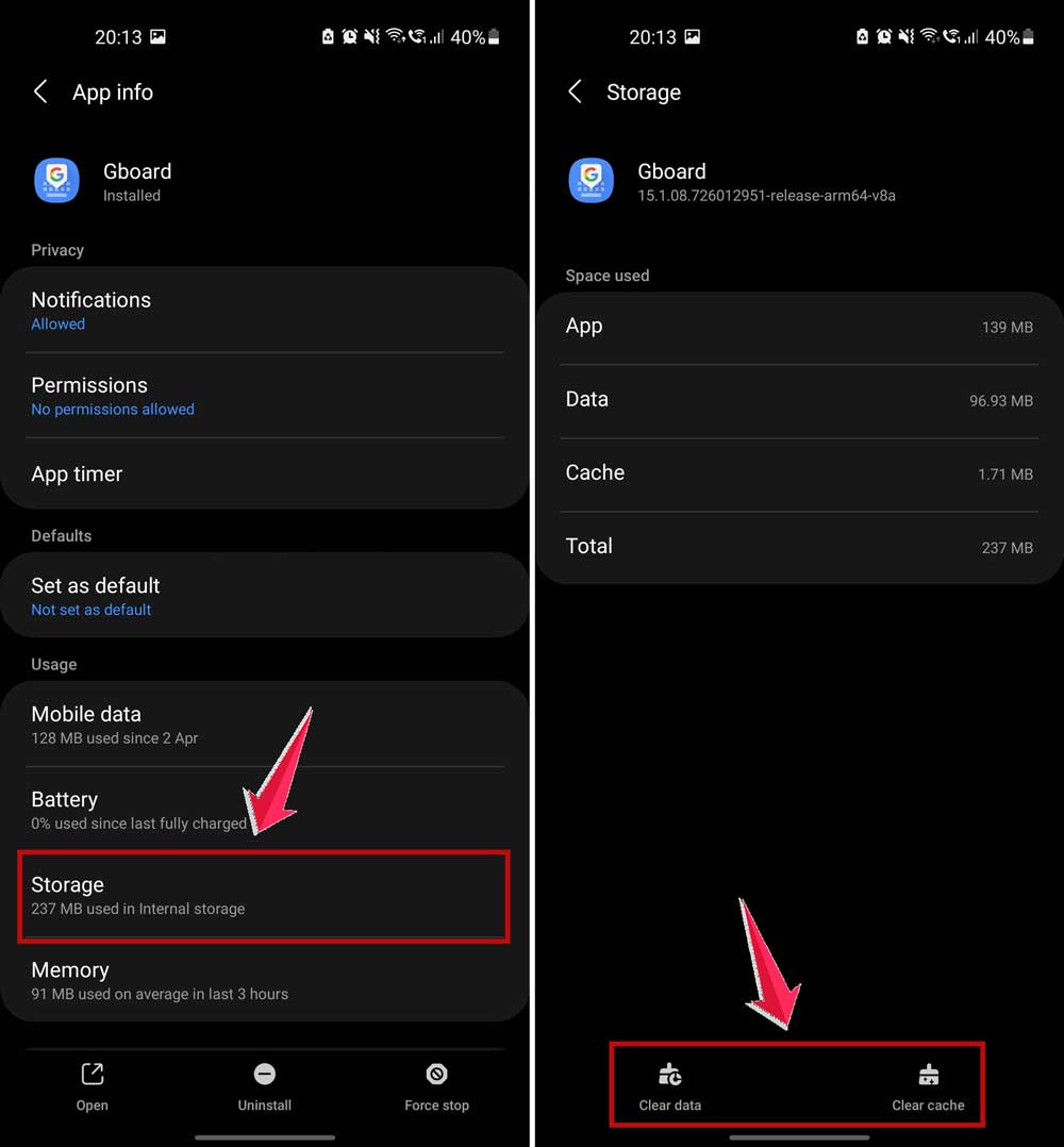 click on storage and then clear cache data of gboard app in android