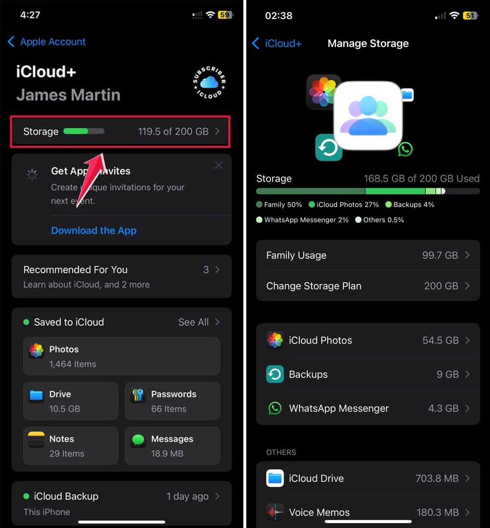click on storage in icloud in settings in iphone