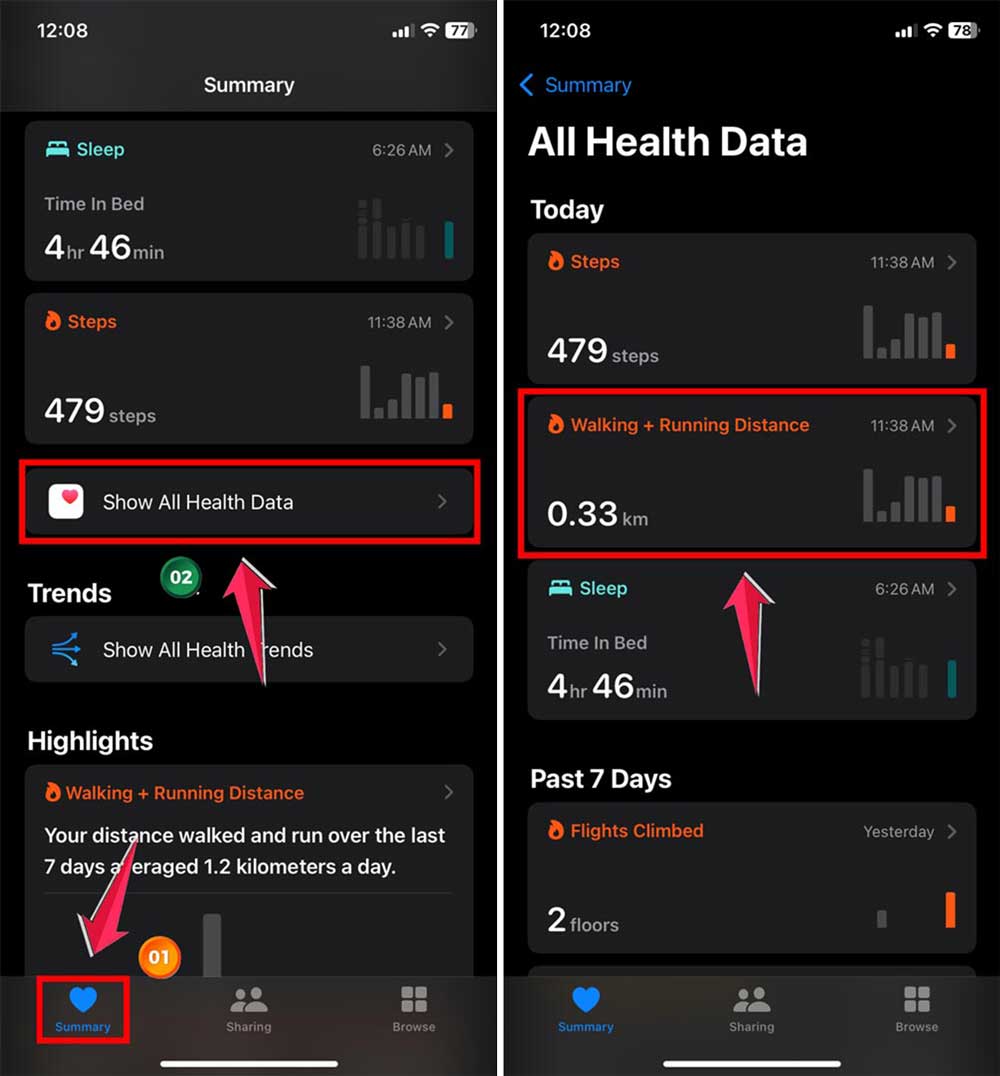 click on summary then tap on show all health data then tao on walking running distance