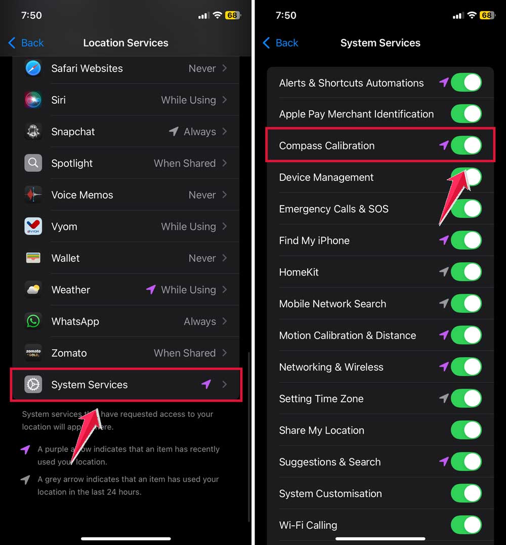 click on system services then turn on compass cailbrations click on system services then turn on compass cailbrations