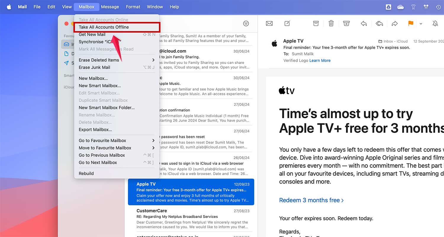 click on take all accounts offline in mail app in mac xl