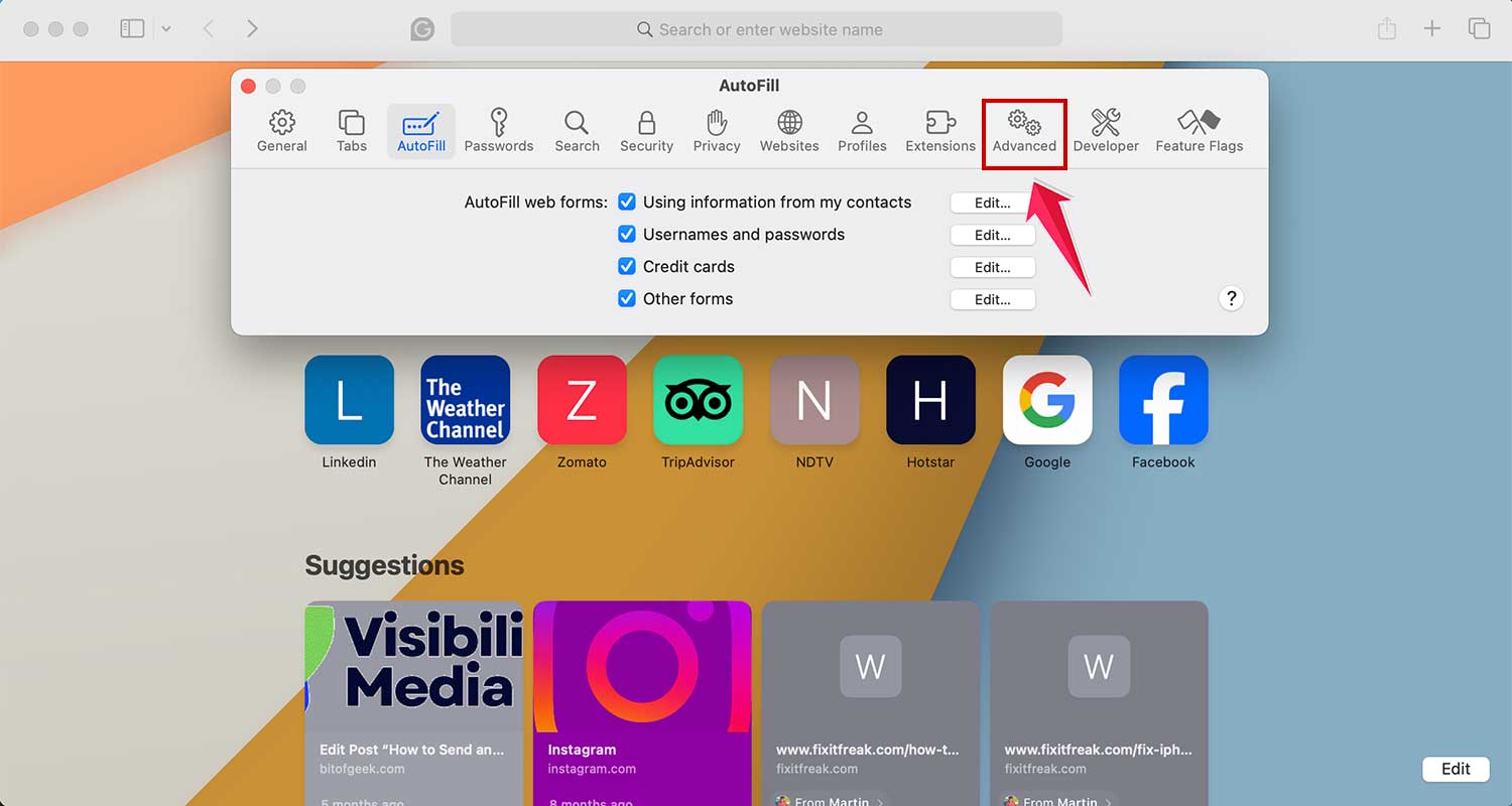 click on the advanced tab in settings in safari in mac
