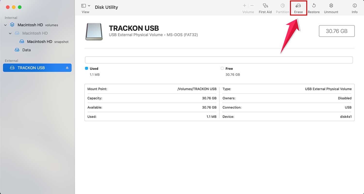 click on the erase at the top in disk utility in mac