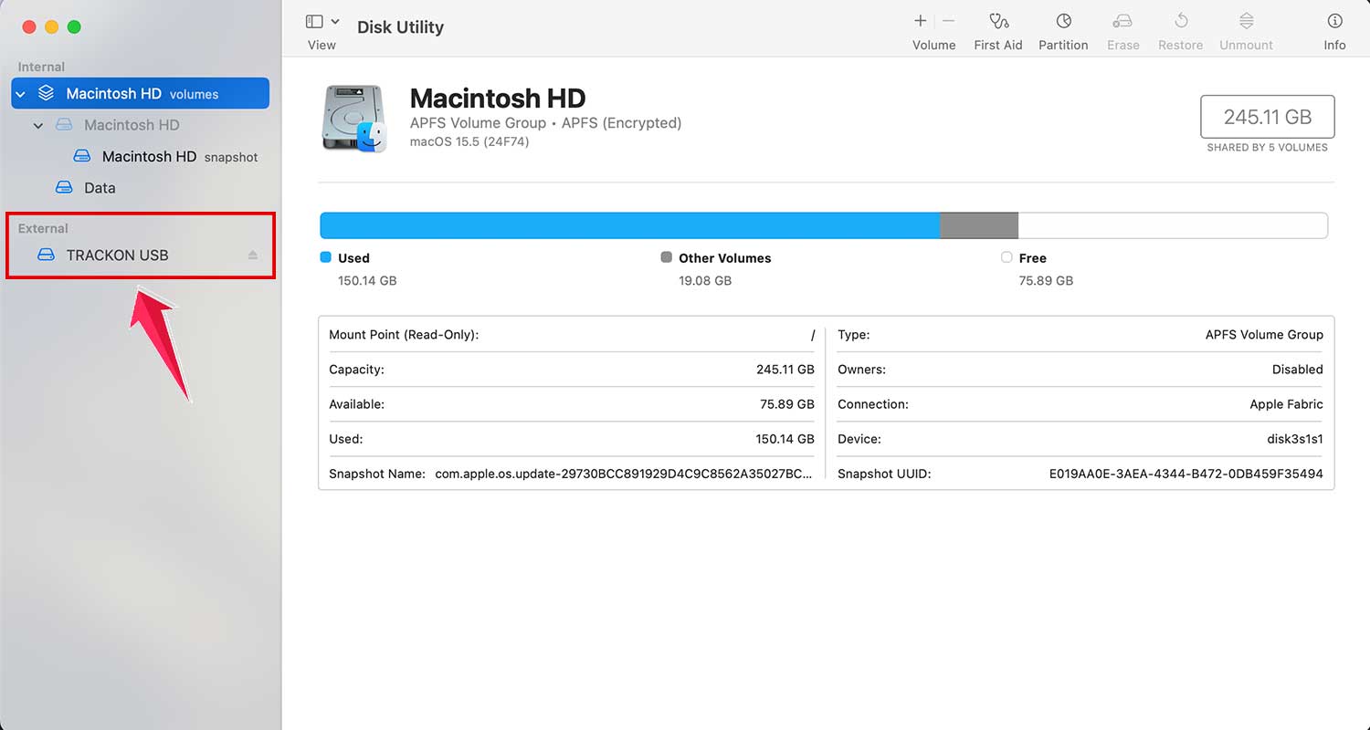 click on the external device in disk utility in mac