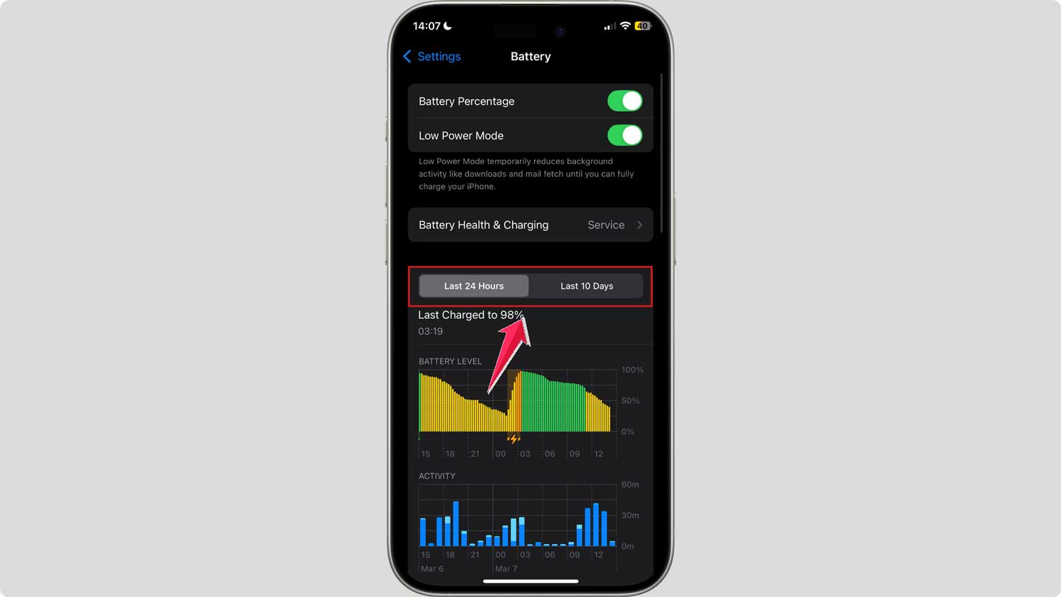 click on the last 24 hours in battery settings in iphone