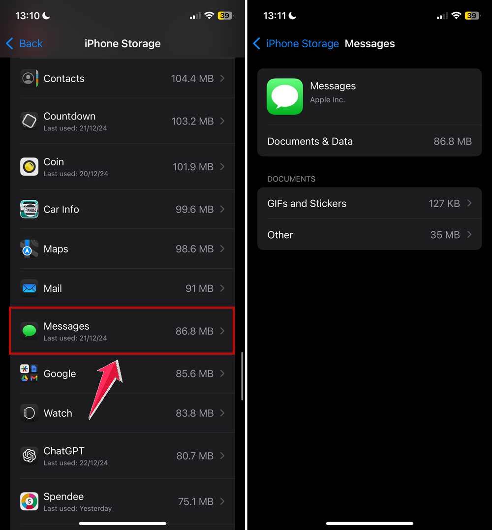 click on the messages app in iphone storage in settings in iphone
