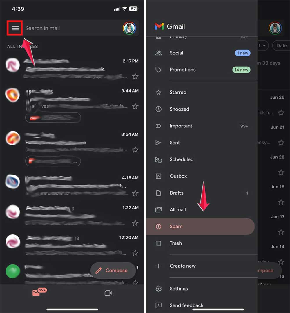 click on three line then tap on spam gmail