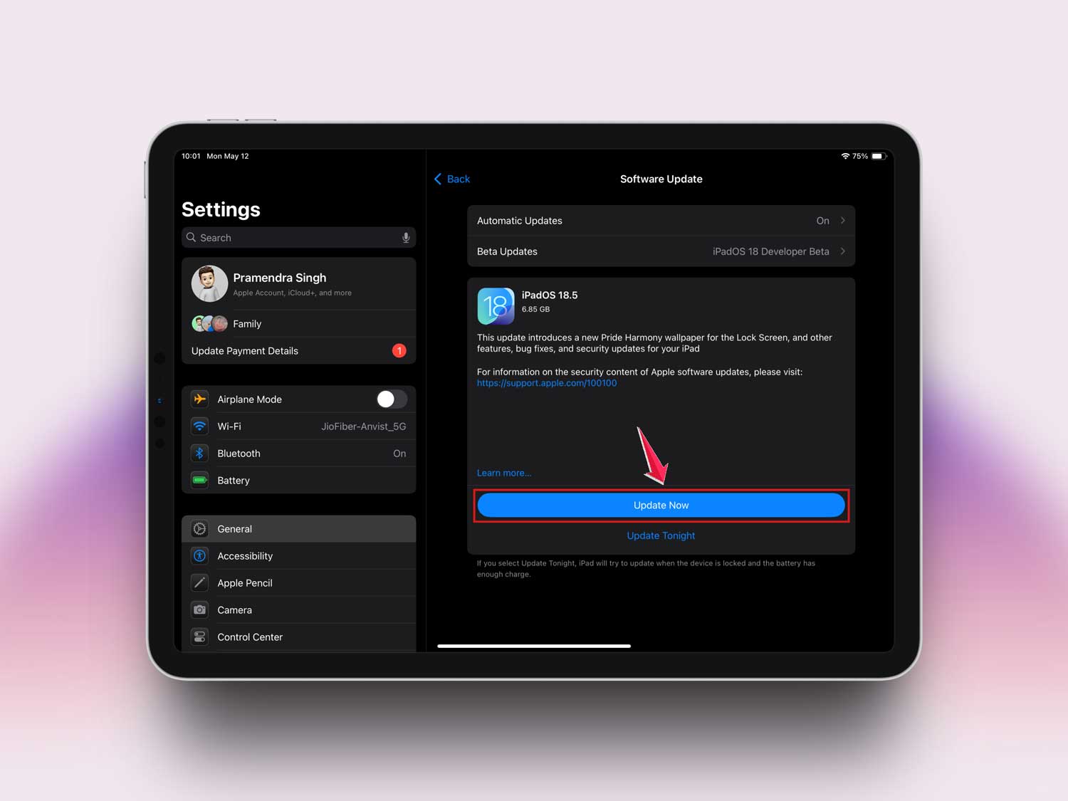 click on update now in settings in ipad