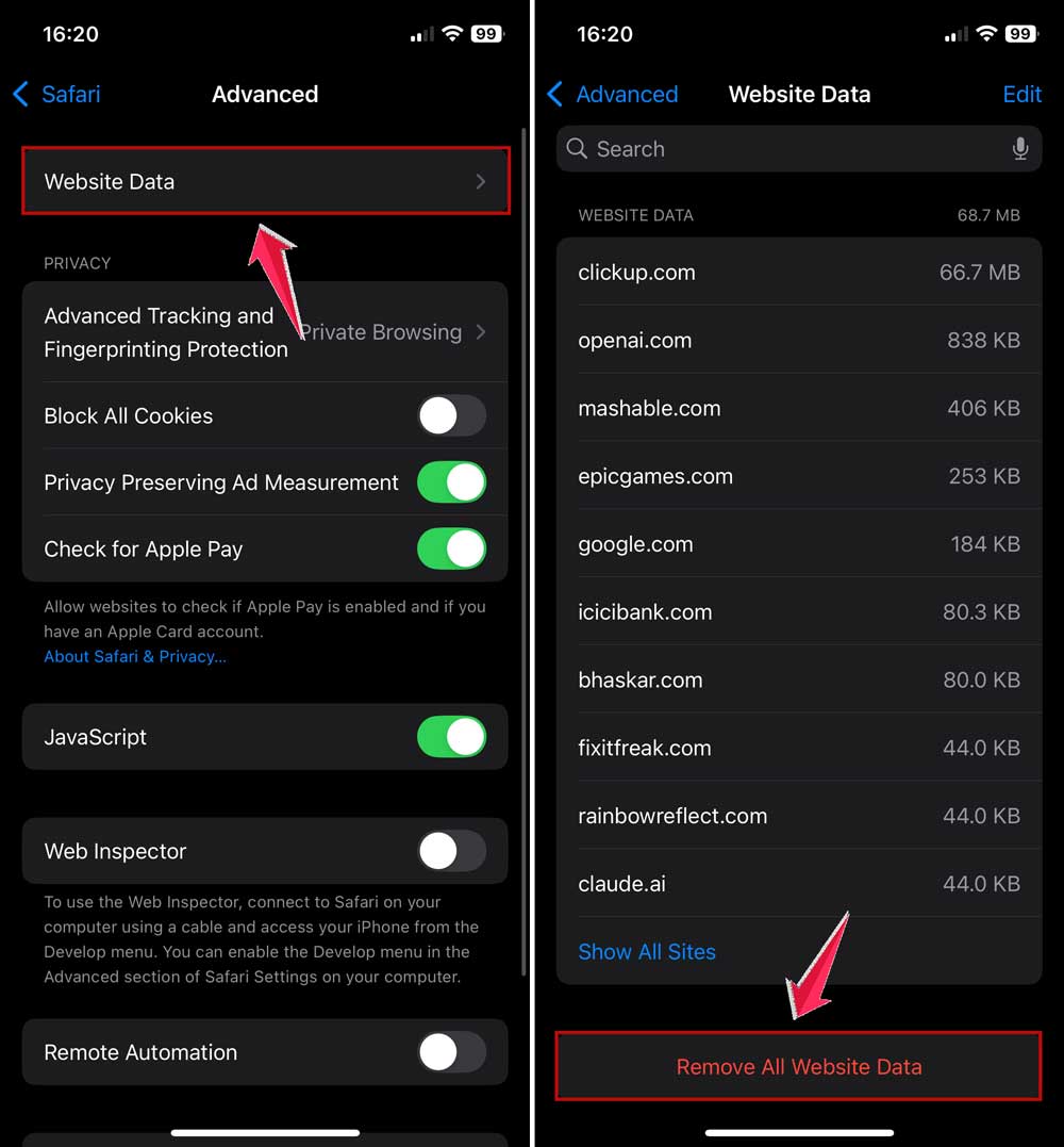 click on website data and then remove all website data in settings in iphone click on website data and then remove all website data in settings in iphone