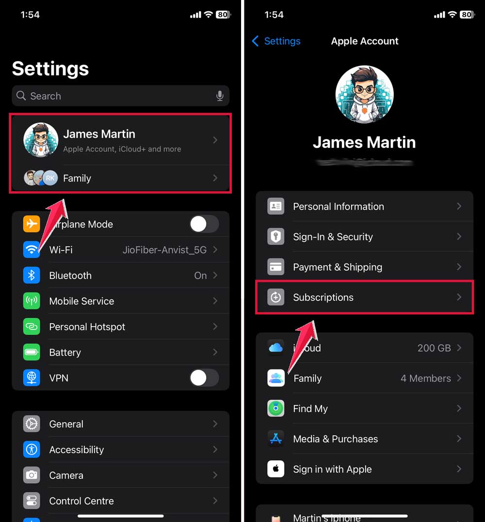 click on your name then click on subscriptions