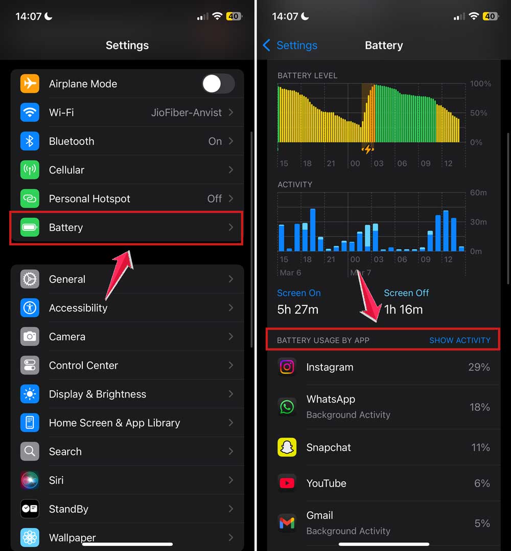 click on. battery in settings in iphone