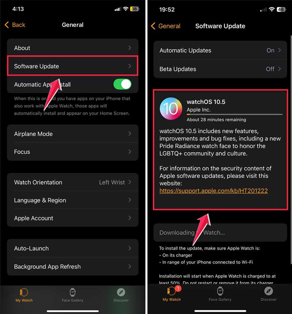 click software update then download and install watch