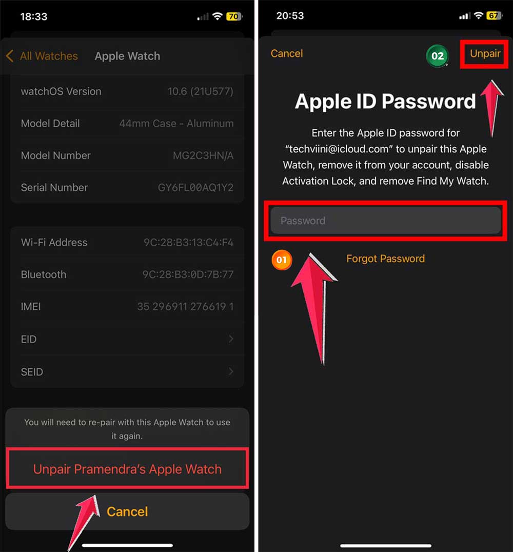 confirm to unpair then enter password then click on unpair