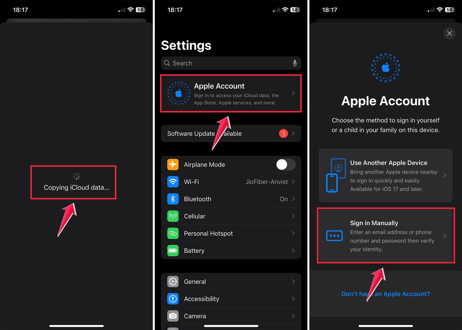 copying icloud data then tap on the apple account and click on the sign in manually copying icloud data then tap on the apple account and click on the sign in manually