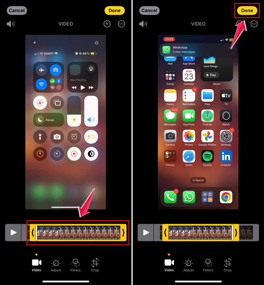cut the video and click done in photos app in iphone