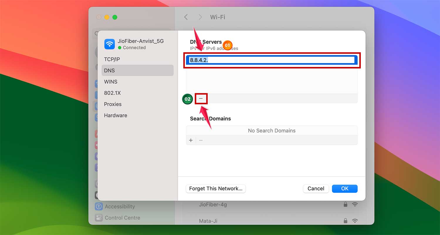 delete a dns in network settings in mac xl