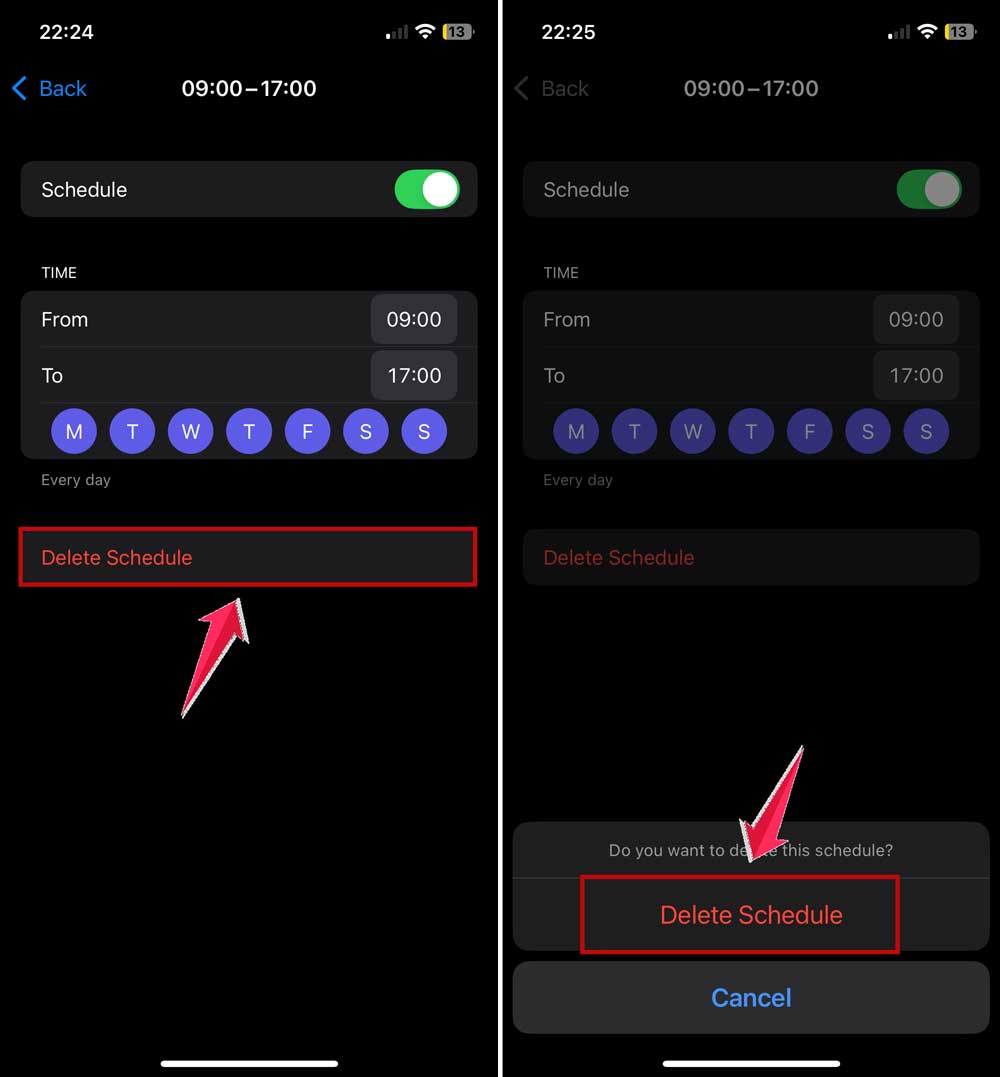 delete schedule in iphone settings