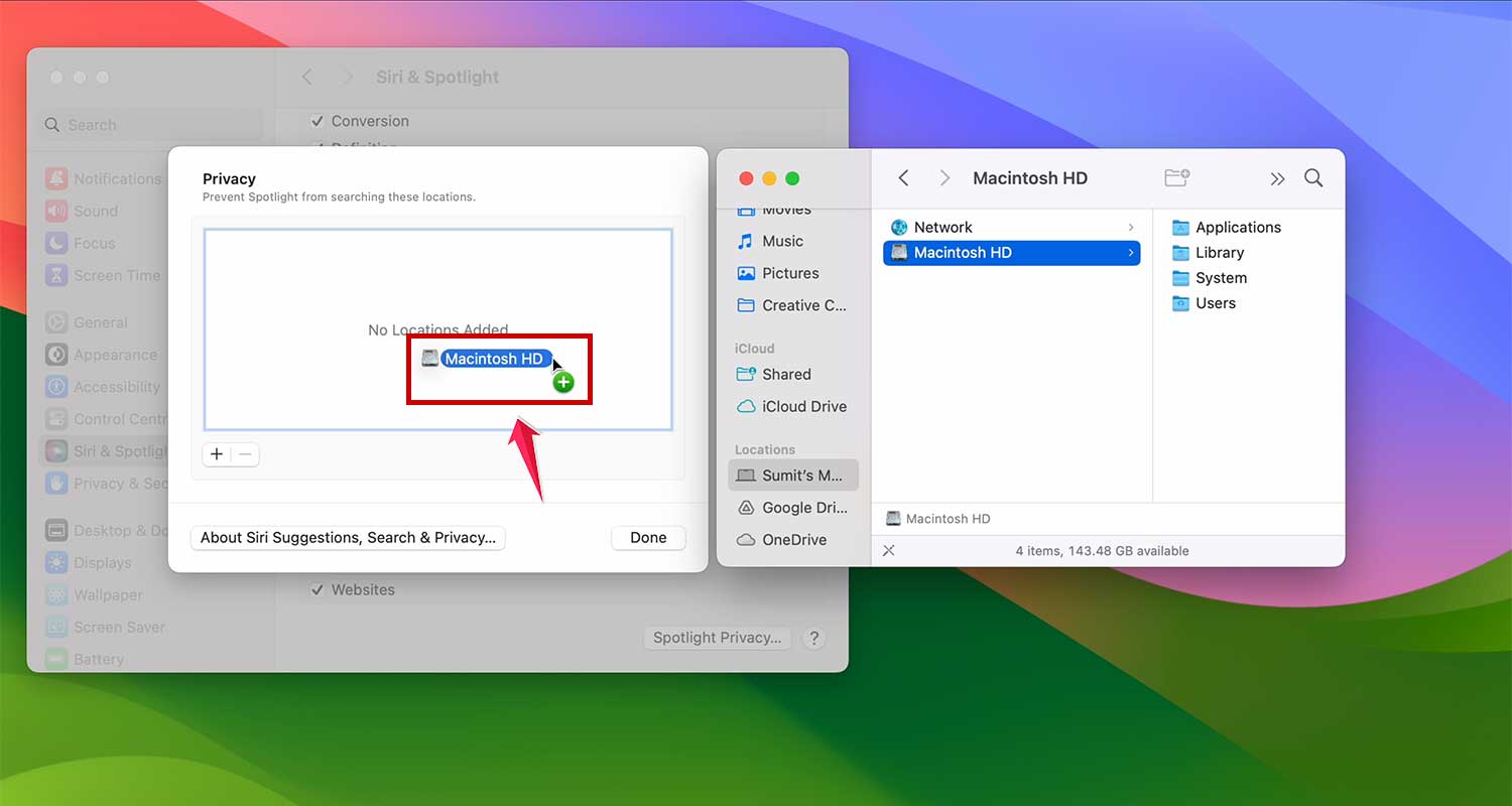 drag your hard disk in spotlight privacy in mac xl