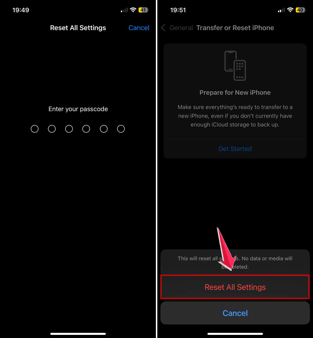 enter passcode and confirm reset all settings in iphone
