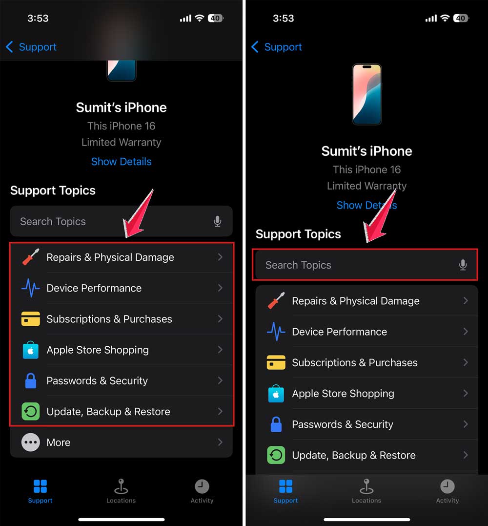 enter the query in support app in iphone