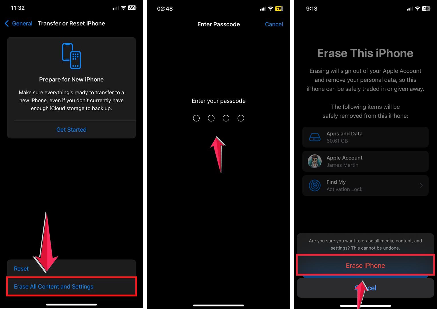erase all content and settings then type passcode then confirm to erase iphone
